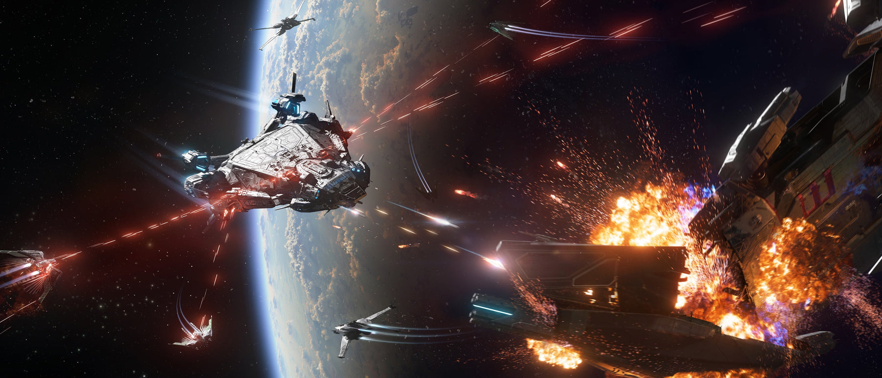 Polaris - RSI Polaris firing on an Idris above a planet in Star Citizen