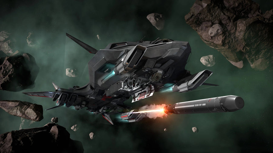Retaliator Bomber - Retaliator flying through gasseous asteroid field firing torpedo in Star Citizen