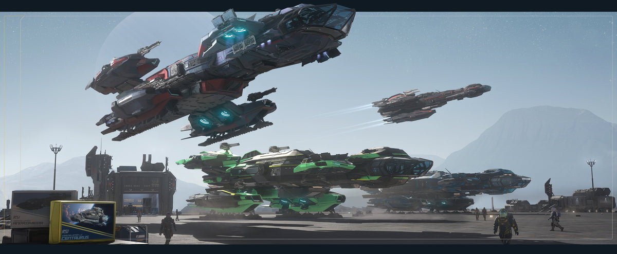 Constellation Mk IV ships in contrasting paint schemes at an RSI event site