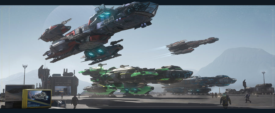 Constellation Mk IV ships in contrasting paint schemes at an RSI event site