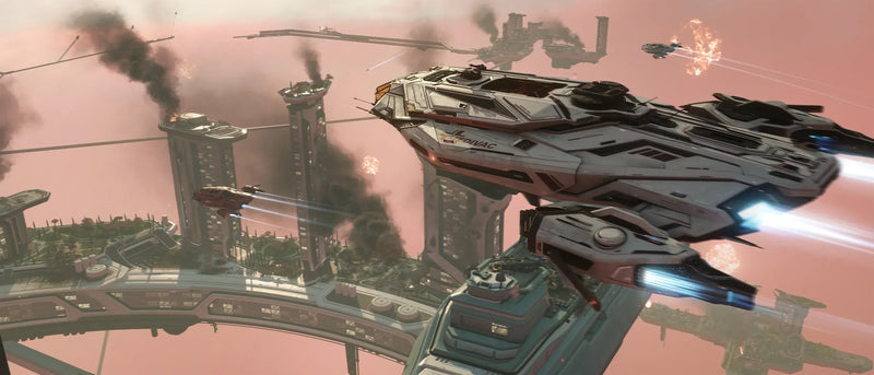 A C8R Rescue flies over burning Orison platforms.