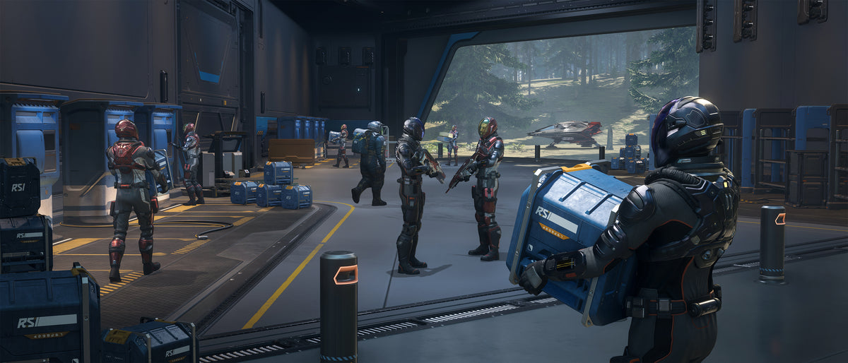 Star Citizen characters gathered with delivery crates at a landing outpost