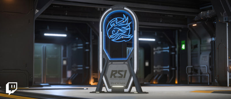 Phoenix Insignia Display with a blue holographic emblem in an RSI hangar