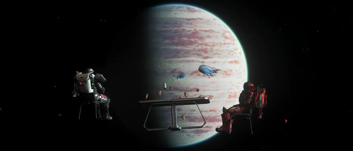 Two suited characters sit at a floating table with a large planet behind them