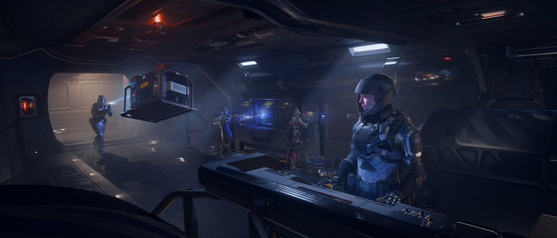 Engineering crew working at a ship console while another crew member moves a component