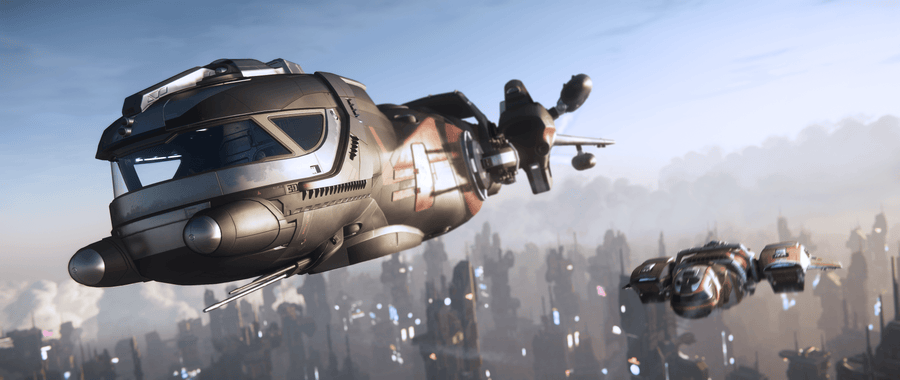 Freelancer DUR and MAX flying above a city