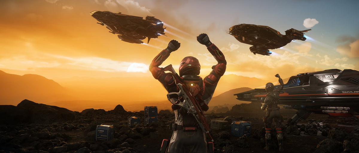 Venture-suited characters beside an RSI Skylark as Constellation ships pass overhead at sunset
