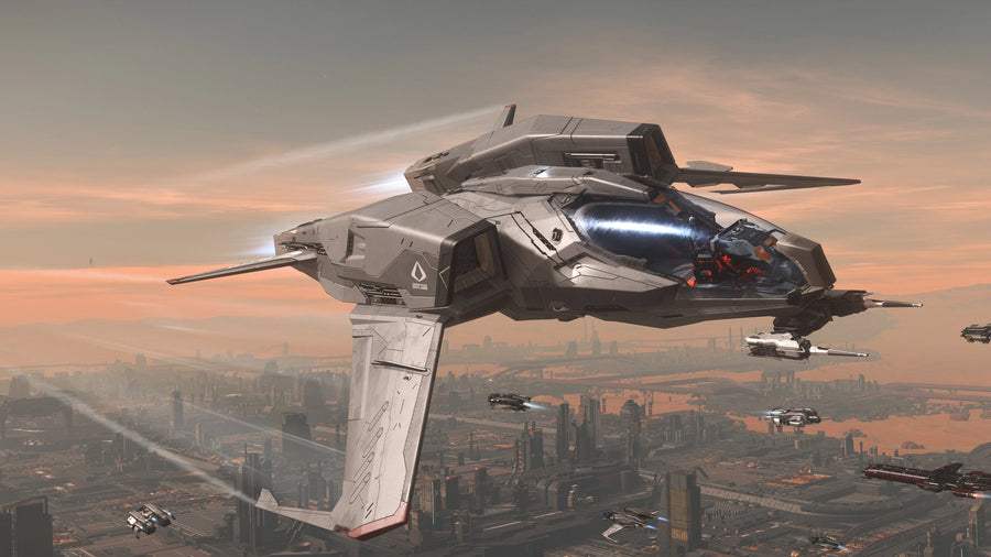 Mustang Alpha flying above a city at sunset