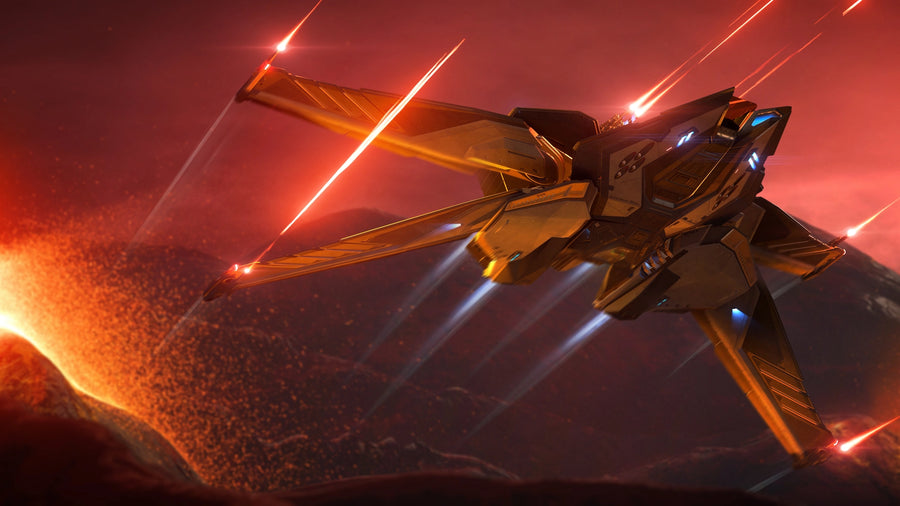 RSI Scorpius flying with wings deployed and weapons firing