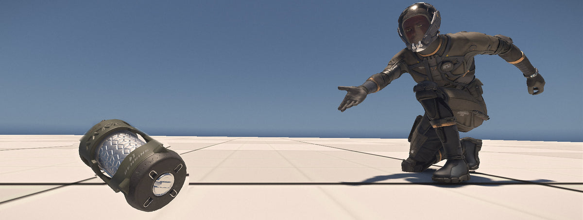 Armoured character throwing a grenade in official Star Citizen gameplay artwork