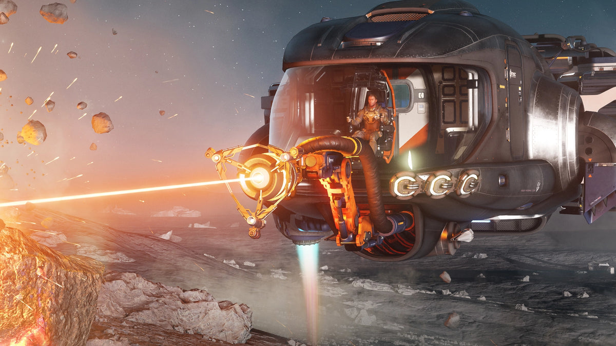 MISC Prospector pilot operating the mining laser beside a rocky deposit