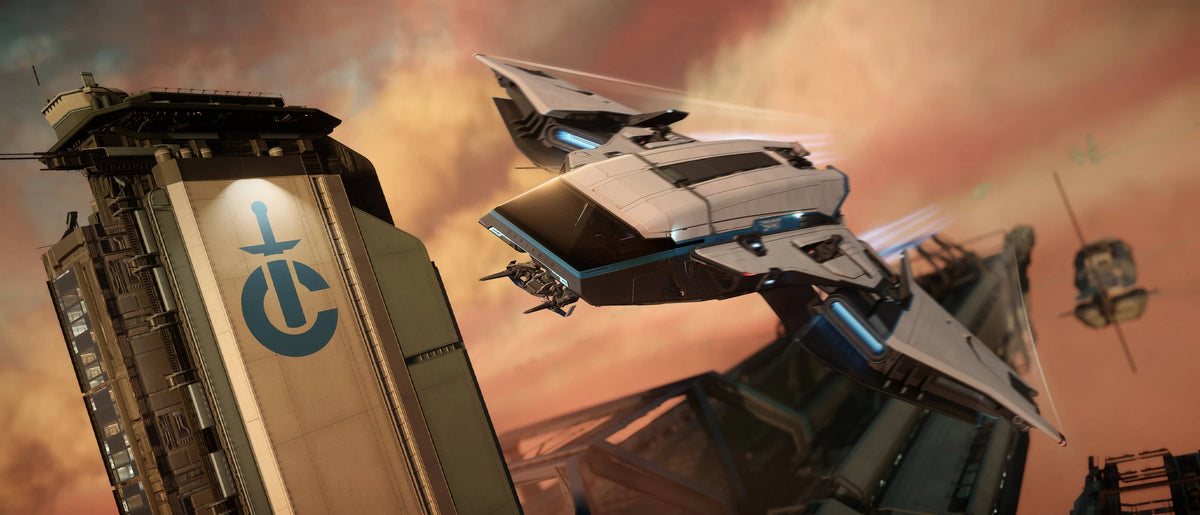 Spirit C1 - flying by Crusader building in Star Citizen
