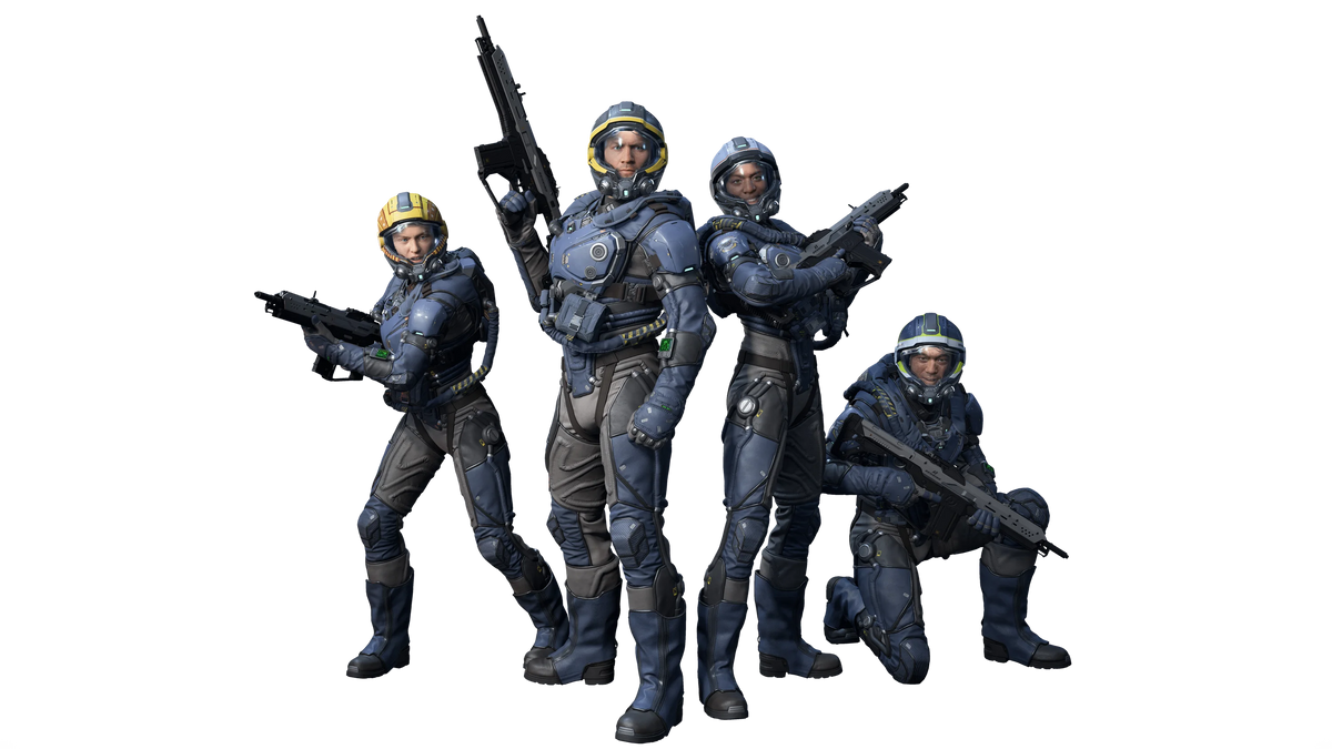 Squadron 42 soldiers in blue-grey armour with rifles