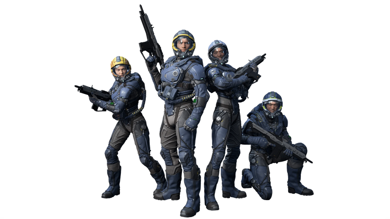 Squadron 42 soldiers in blue-grey armour with rifles