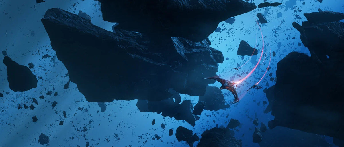 Vanduul fighters in an asteroid field, official Star Citizen artwork