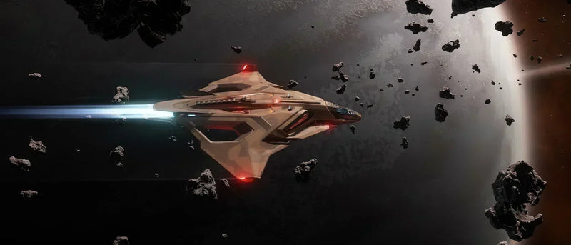 Sabre Raven EX in desert camouflage flying among asteroids