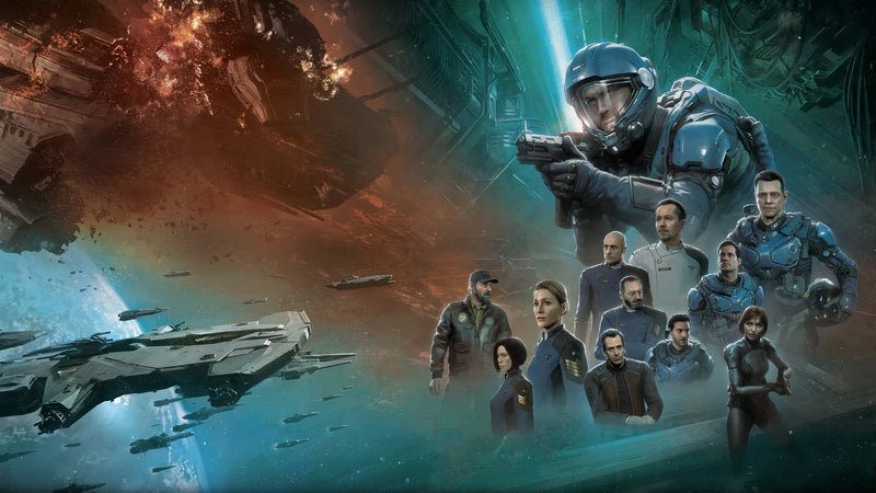 Official Squadron 42 ensemble artwork featuring naval crew and spacecraft