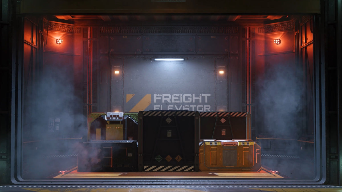 Cargo containers stacked on a freight elevator platform under orange hangar lights