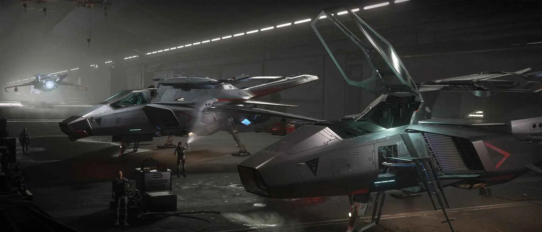 Anvil Hornet Mk II variants inside a military hangar in Star Citizen