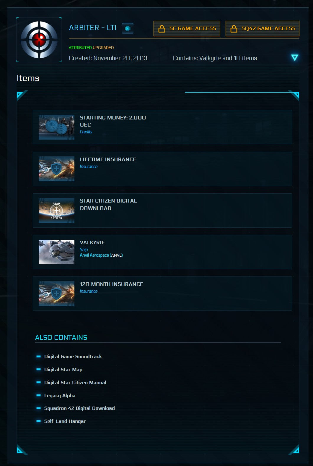 Star Citizen Account — Arbiter Original Concept Game Package (Anvil Valkyrie LTI), Best in Show Collectibles & Funding Milestone Rewards with Star Citizen & Squadron 42