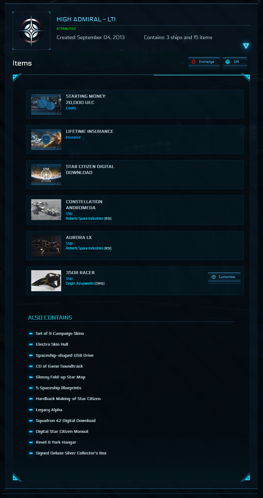 Star Citizen Wing Commander Concierge Account – Original Backer & Kickstarter, Physical High Admiral Pledge, Big Benny’s, Drake Kraken (Optional)