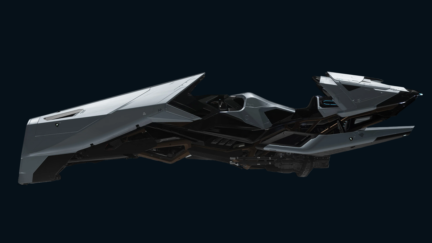 A sleek futuristic gray and black vehicle or spacecraft shown in side profile inside a clean, high-tech hangar with bright ceiling lights.