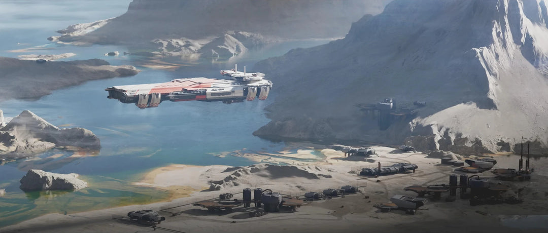 A Consolidated Outland Pioneer flying above a coastal settlement.