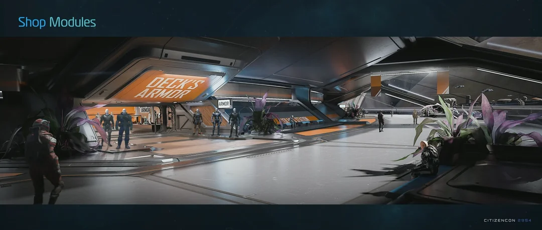 A station concourse with a player shop, seating and pedestrian routes.