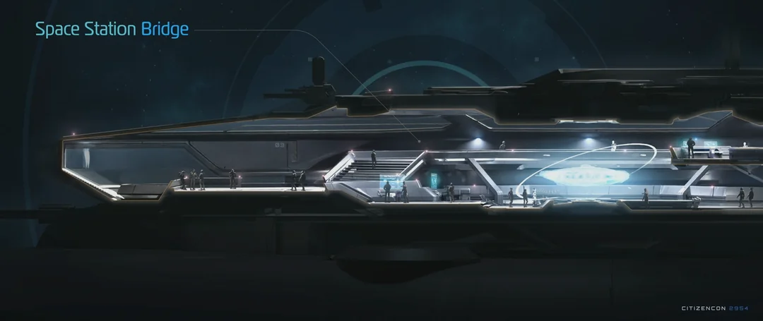 A cutaway of the station bridge with control terminals and a central holographic display.