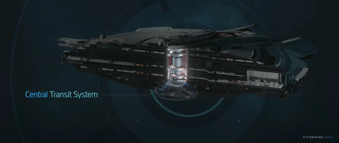 Station cutaway highlighting the vertical transit spine connecting its decks.