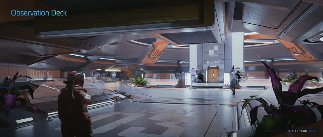An observation deck lobby with elevators, seating and views across the concourse.