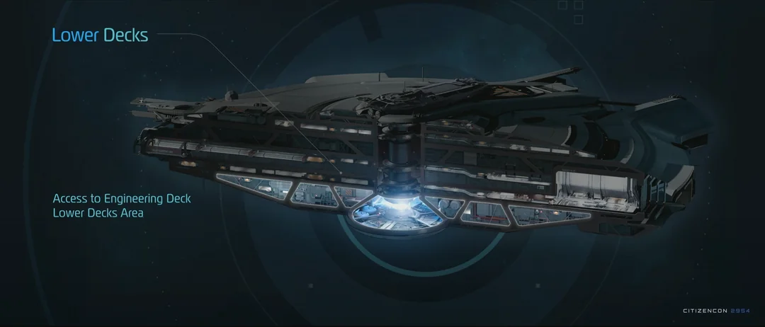 A core cutaway highlighting the lower decks and access to engineering.