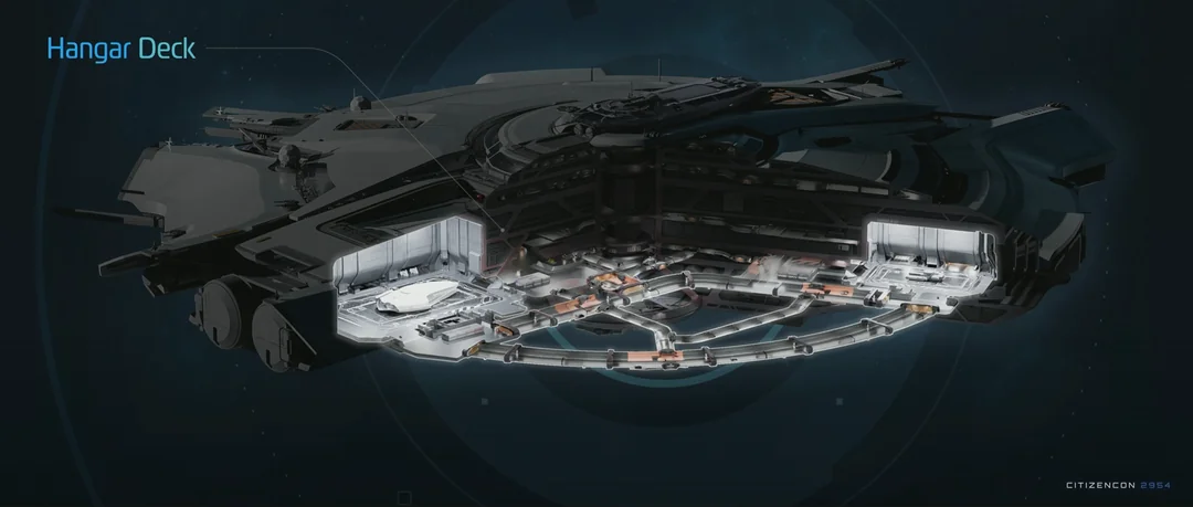 A cutaway of the hangar deck and the road network connecting the hangars.