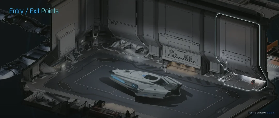 An entry and exit point connecting the hangar to internal station roads.