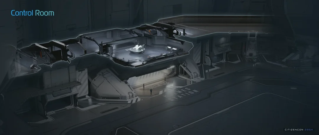 A cutaway of the control room above the hangar floor.