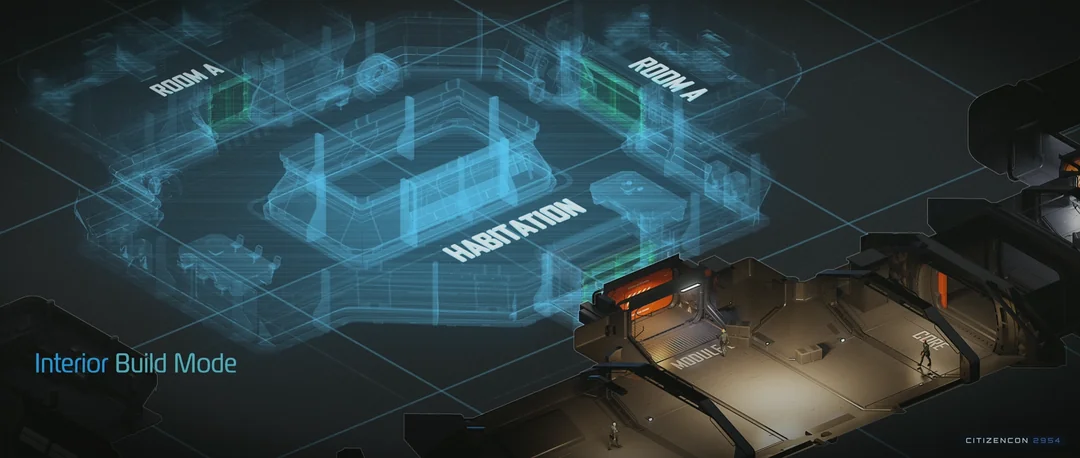 A holographic habitation-room layout being positioned in interior build mode.