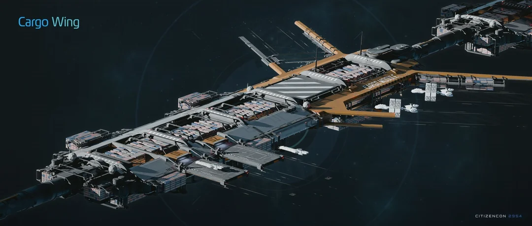 A large cargo wing with external container storage and loading infrastructure.