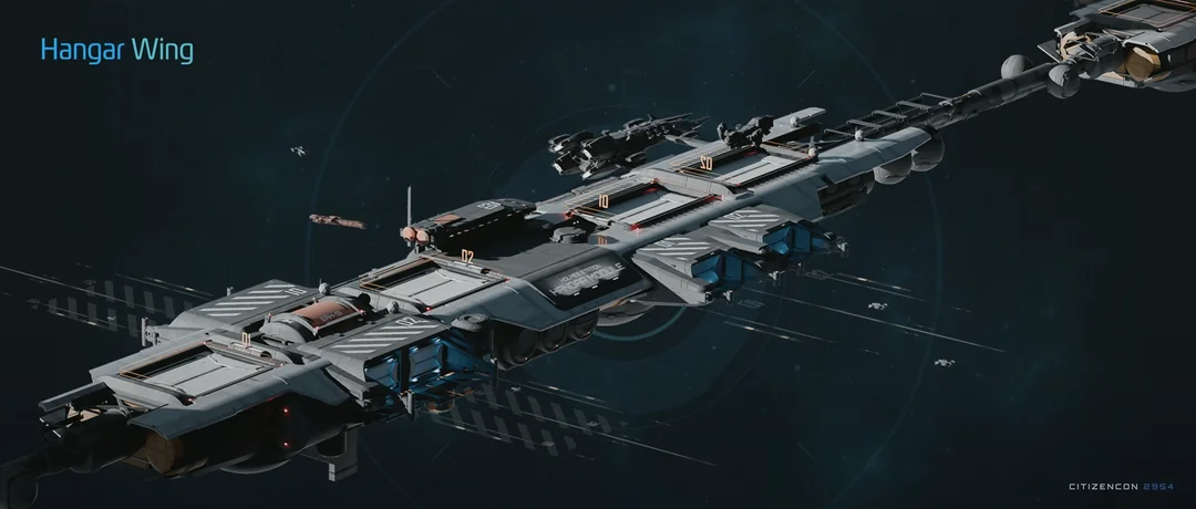 A hangar wing with several landing spaces and docking connections.