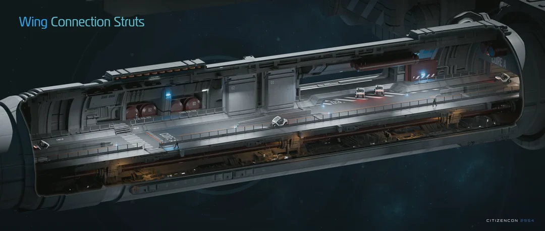 A strut cutaway showing a traversable road and pedestrian route between station sections.