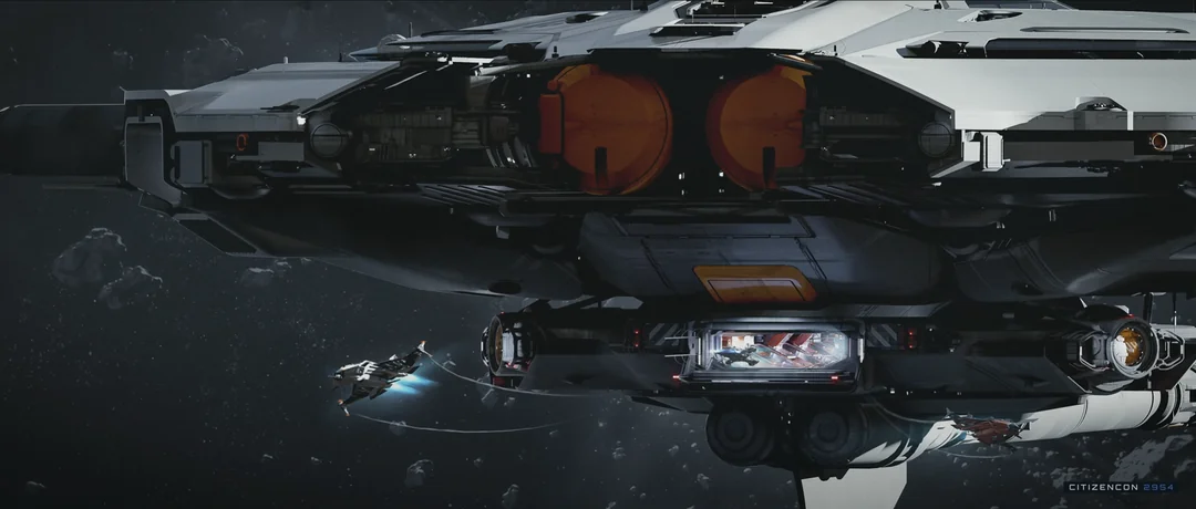 A ship approaching the open flight deck beneath the station core.