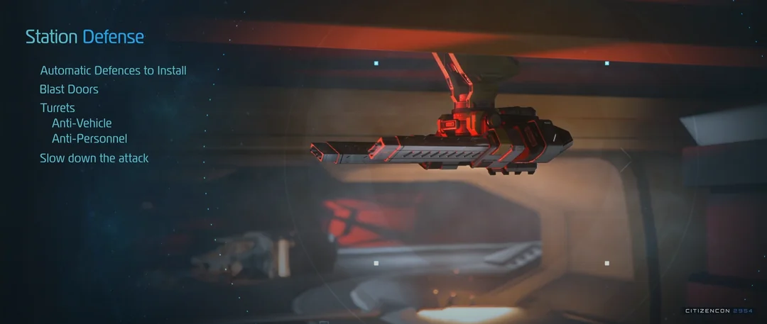 An automated turret with presentation notes about blast doors and defensive systems.