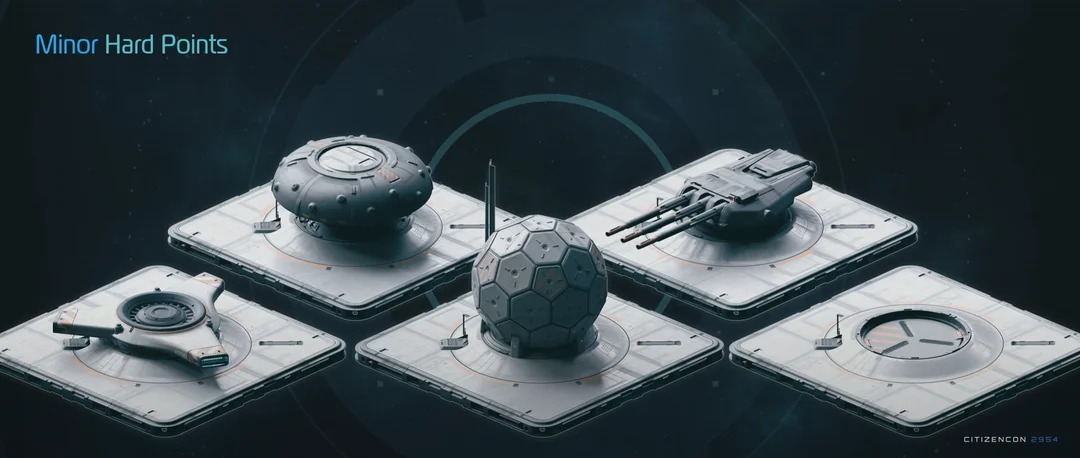 A set of modular exterior installations including a turret and a dome-shaped unit.