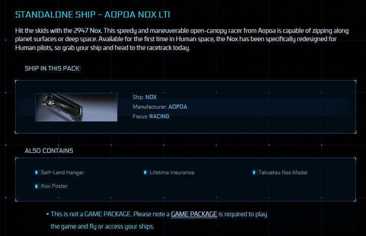 Nox - Original Concept LTI Hit the skids with the 2947 Nox. This speedy and maneuverable open-canopy racer from Aopoa is capable of zipping along planet surfaces or deep space. Available for the first time in Human space, the Nox has been specifically redesigned for Human pilots, so grab your ship and head to the racetrack today.