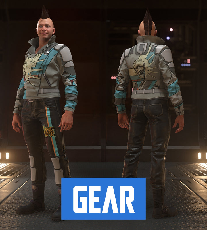 The Vaporwear Creese is an ocan jacket featuring an old-Earth collar and tags around the shoulders. Armored shoulder accents and ventilated sleeves provide protection without restricting movement, allowing the jacket to be worn casually or piloting an open canopy vehicle. The special Skullsnap edition is a slick silver with geometric stylings and a screaming skull on the back.