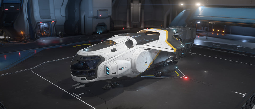 Cargo hauling takes on a bold new look with the Hull A Empyrean paint scheme which features a dynamic tricolor layout. Yellow highlights divide a white nose from a grey engineering section lending the appearance of speed to the freighter.