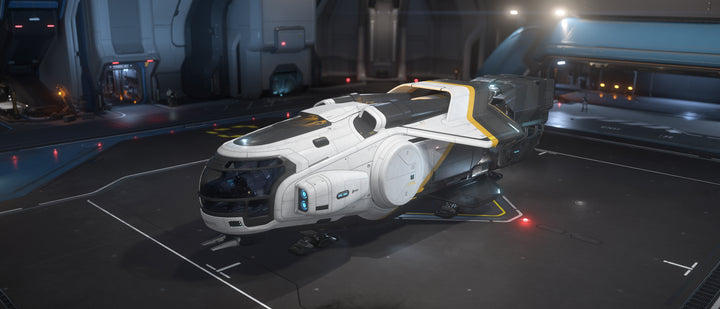 Cargo hauling takes on a bold new look with the Hull A Empyrean paint scheme which features a dynamic tricolor layout. Yellow highlights divide a white nose from a grey engineering section lending the appearance of speed to the freighter.