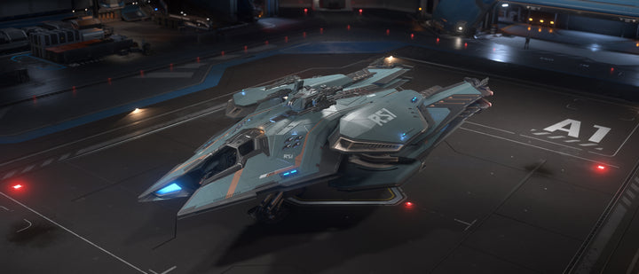 Strike true and deliver justice with the Storm Cloud paint scheme for your RSI Scorpius, featuring slate-teal panels with black trim and subtle orange highlights.
