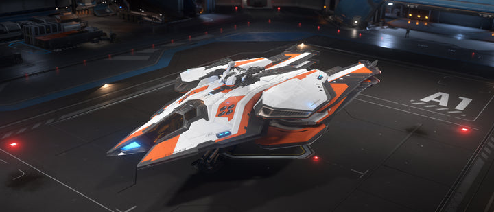 The Scorpius Sunburn paint scheme is primarily white with a dynamic mix of orange and black highlights.