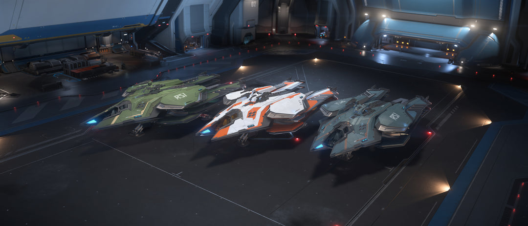 Intimidate your enemies in three distinct paint schemes. This pack includes the striking Storm Cloud, ferocious Blight, and wicked Sunburn liveries for your RSI Scorpius.
