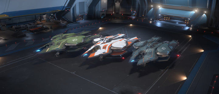 Intimidate your enemies in three distinct paint schemes. This pack includes the striking Storm Cloud, ferocious Blight, and wicked Sunburn liveries for your RSI Scorpius.